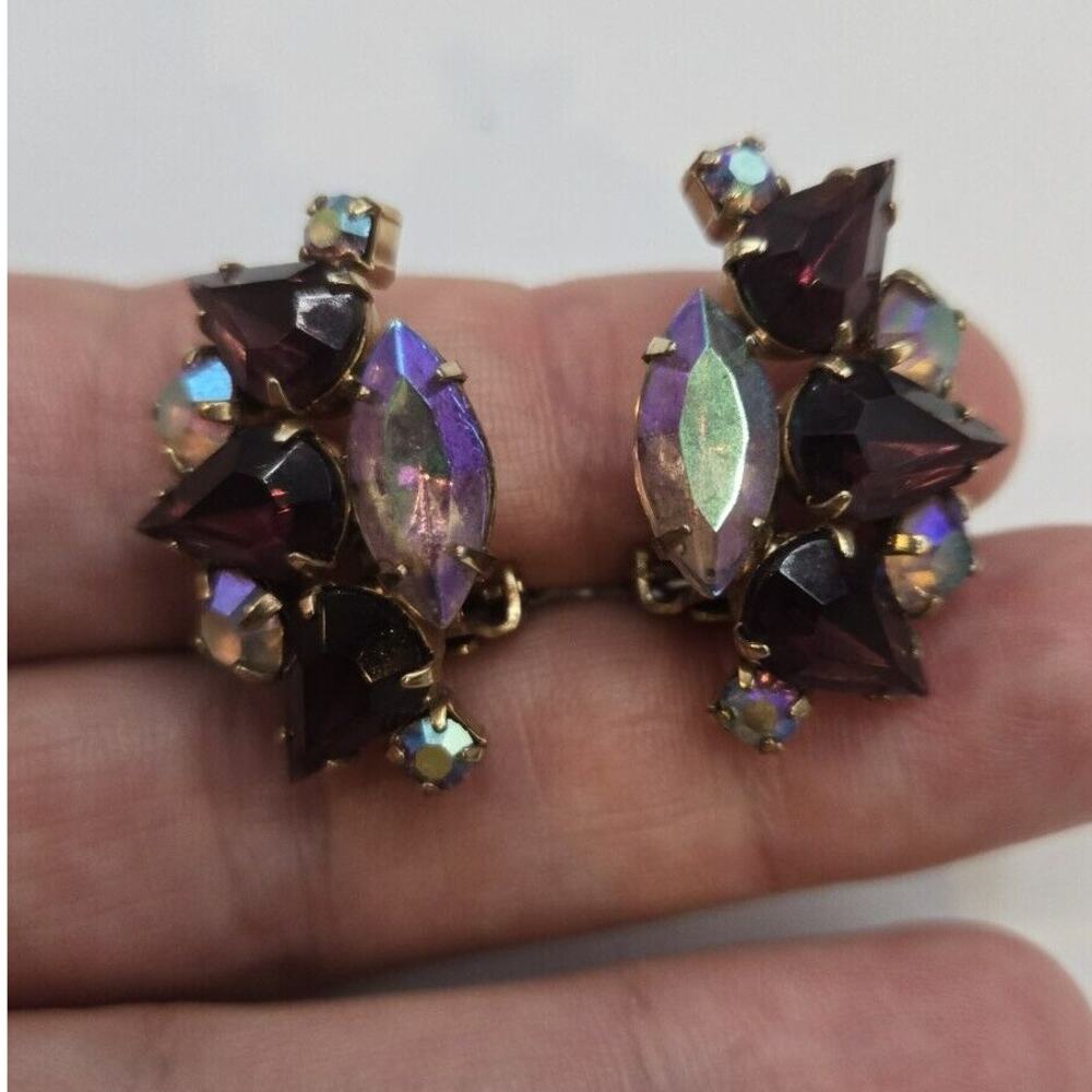 Vintage Bling Clip Earrings Purple Aurora Borealis Marquise Cluster Rhinestones